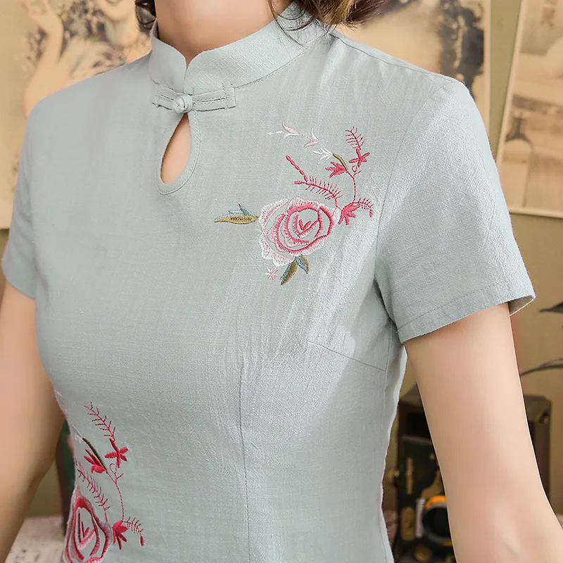 Женский зеленый Вышитый Костюм ханьфу Cheongsam топы китайские винтажные блузки Костюм Повседневный Китайский ветер Хлопок Лен рубашки наборы одежды