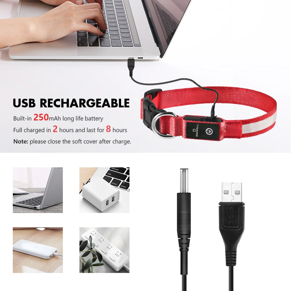 USB Charging Flashing Dog Collar Leads LED Light Night Safety Glow Anti-Lost/Avoid Car Accident Dog Nylon Adjustable Pet Collar
