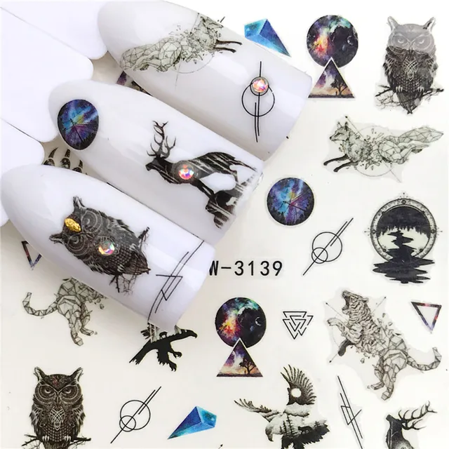 Nail Stickers Sliders For Nails Winter Sticker Elk Figure Nail Art Decorations Wolf Animal Transfer Watermark Water Slider YZW-3139