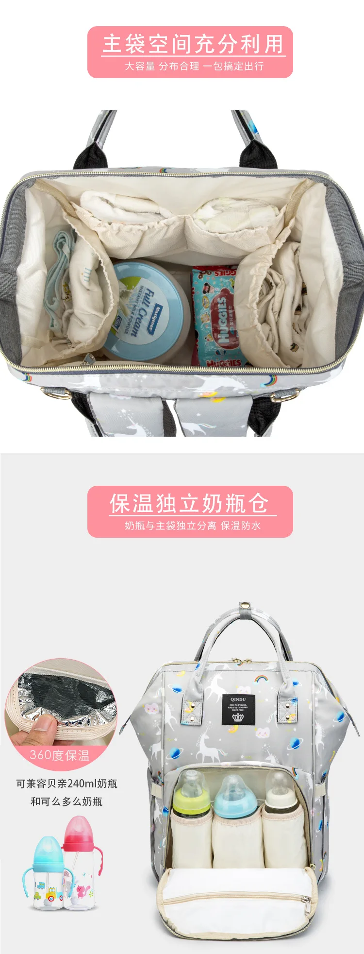 QINDU Stripes Waterproof Mummy Diaper Bags Handbag Large Capacity Maternity Nursing Baby Bag for Mom Nappy Backpacks