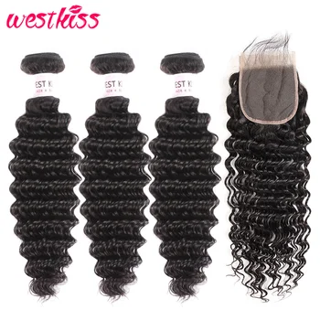 

Brazilian Deep Wave Bundles With Closure 3 Human Hair Bundles With Closure Free Part 4x4 WestKiss Remy Hair Bundles With Closure