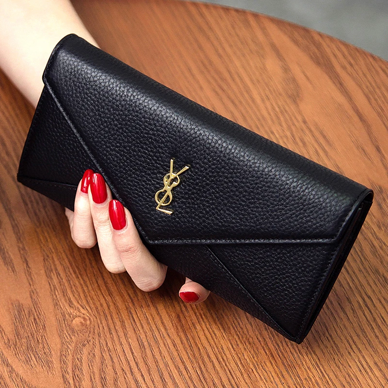 

New European and American Envelope Wallet Women's Long Leather About Large-Capacity Multi-Card First Layer Cow Leather Money