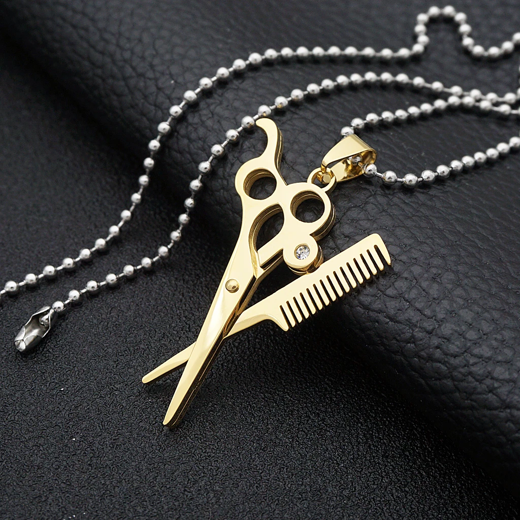 Hair Stylist Scissors and Comb Crystal Charm Stainless Steel Pendant Necklace 19.6 inch Chain