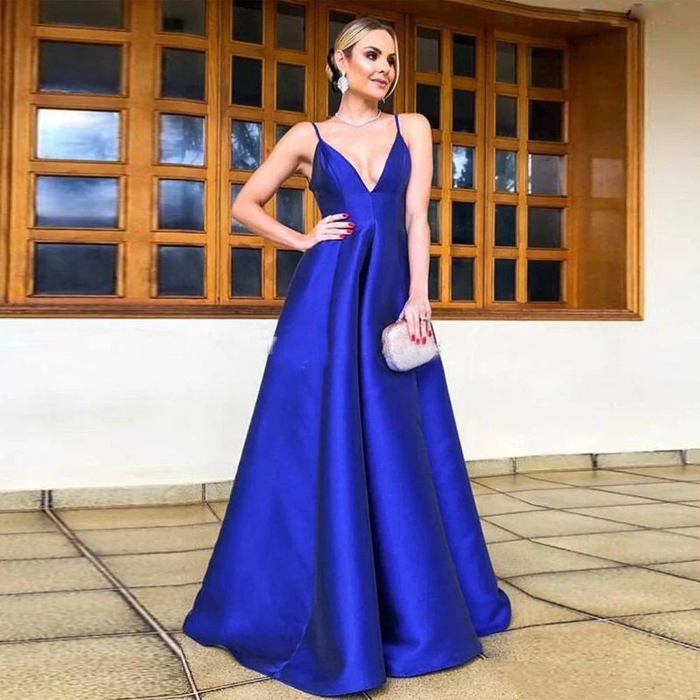 

2020 Royal Blue Prom Dresses Sexy Spaghetti Straps Backless A-Line Evening Gowns Floor Length Formal Party Dress