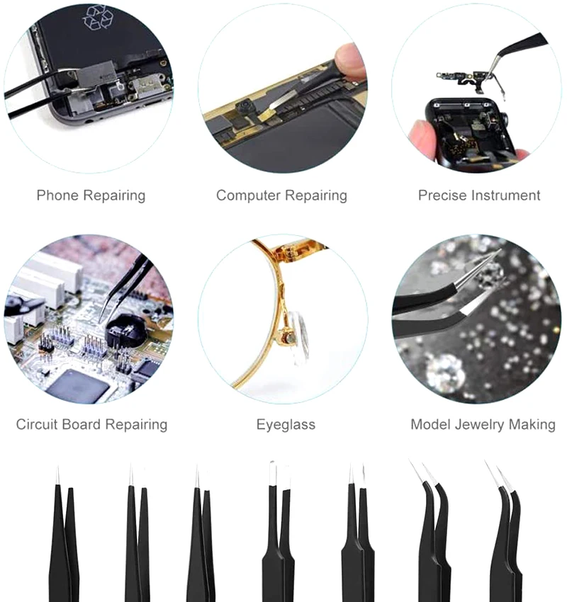 ESD Anti-Static Stainless Steel Tweezer Set Maintenance Repair Tool Kit Anti Static Model Making Tool Hand Set 6pcs