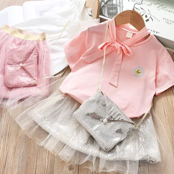 

Girls Sets Flower Embroidered T-shirt + Sequined Skirt Free Bag