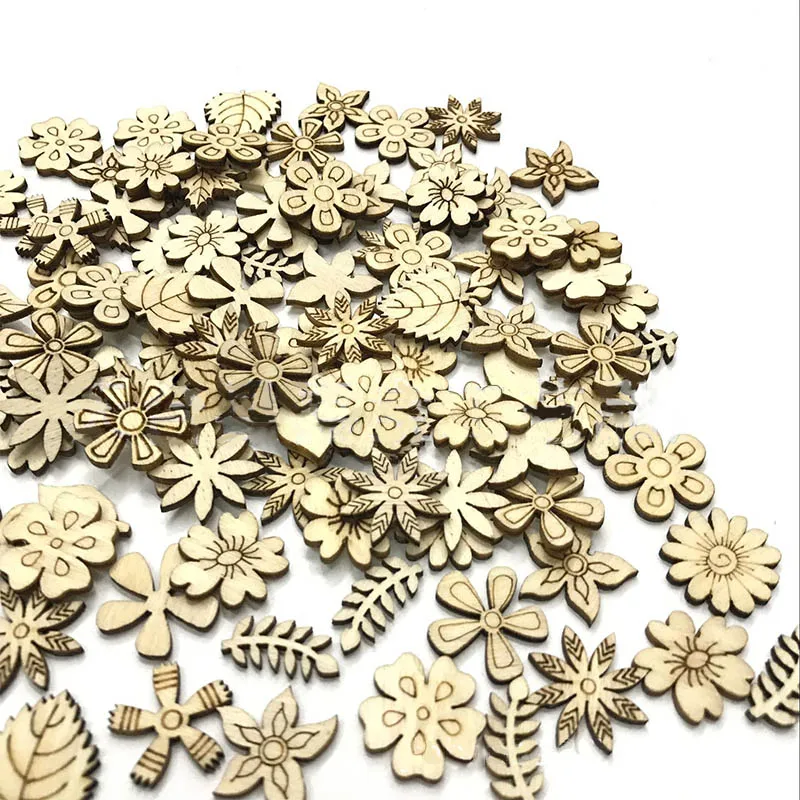 

20mm 100Pcs Flowers Leaves Shape Wood Pieces Laser Cut Scrawl Crafting Children Educational Toys Handcraft Wedding Party Decor