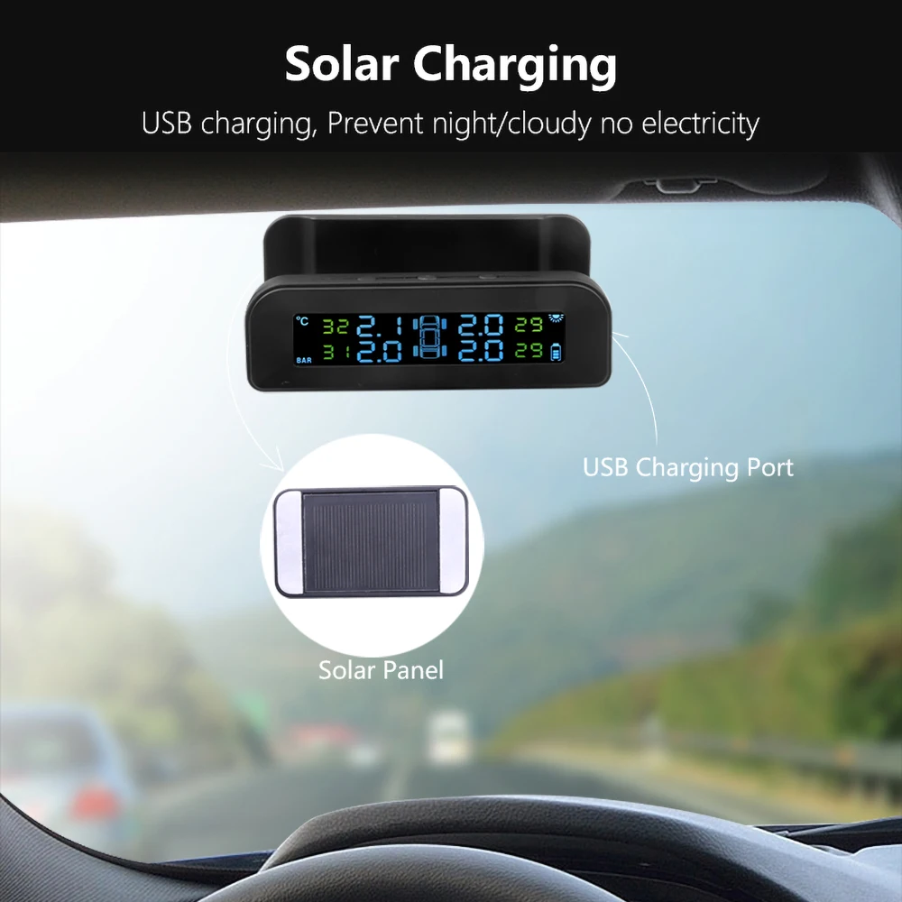 Солнечная и USB мощность TPMS автомобильная система контроля давления в шинах Система лобового стекла и приборной панели дисплей в реальном времени с 4 датчиками