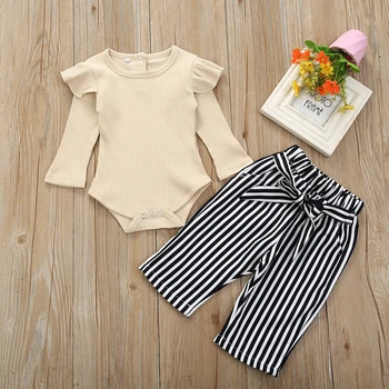 

Pudcoco Newborn Baby Girl Clothes Solid Color Fly Sleeve Knitted Cotton Romper Tops Striped Bowknot Long Pants 2Pcs Outfits Set
