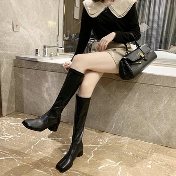 

2020 New Ladies Long Nude Boots Women's Square Toe Mid-heel Over The Knee Leather Boots Spring And Autumn Black Fashion Boots