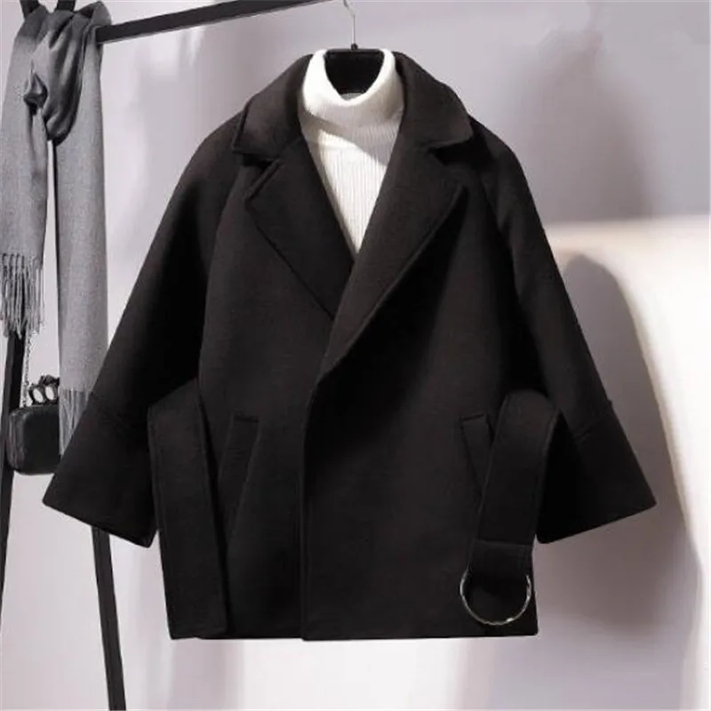 Женское шерстяное пальто размера плюс, короткий пояс, накидка, пальто, женская Свободная куртка, женское ветрозащитное пальто для дам, шерстяное пальто