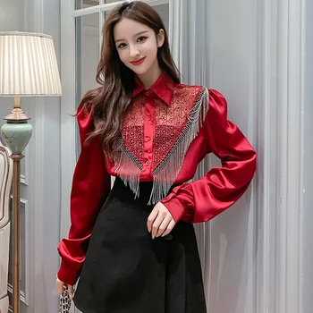 

Women Satin Blouses Long Sleeve Spring Autumn Fashion Hollow Out Lace Stitching See Through Tops Ladies Tassel Fringe Shirts