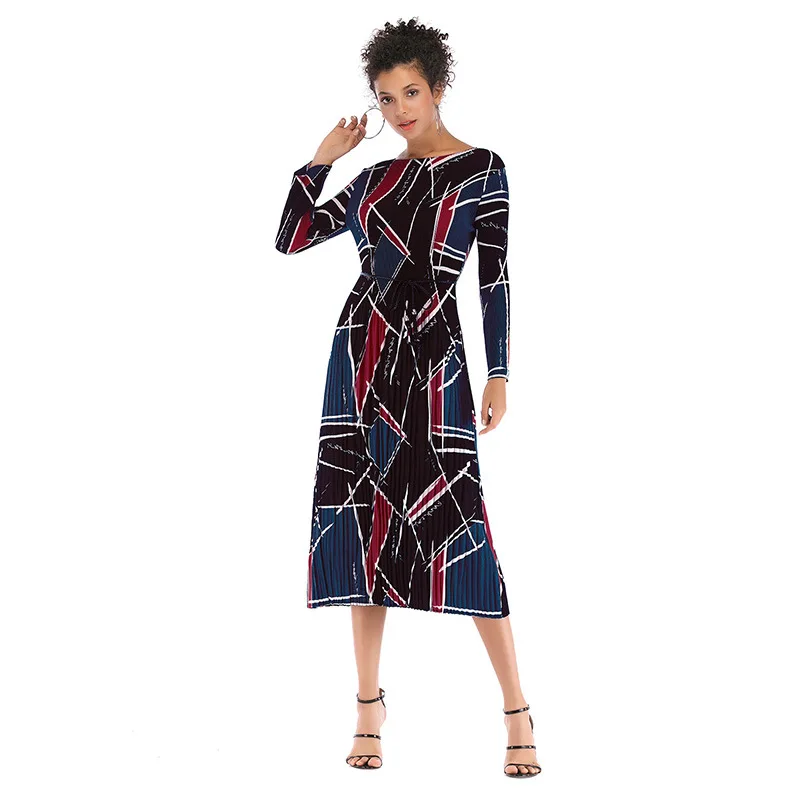 

Hot Selling Women's Dresses A Geometric Colour Collision Dress with Long Sleeves, Pleats and Chiffon elegant casual draped dress
