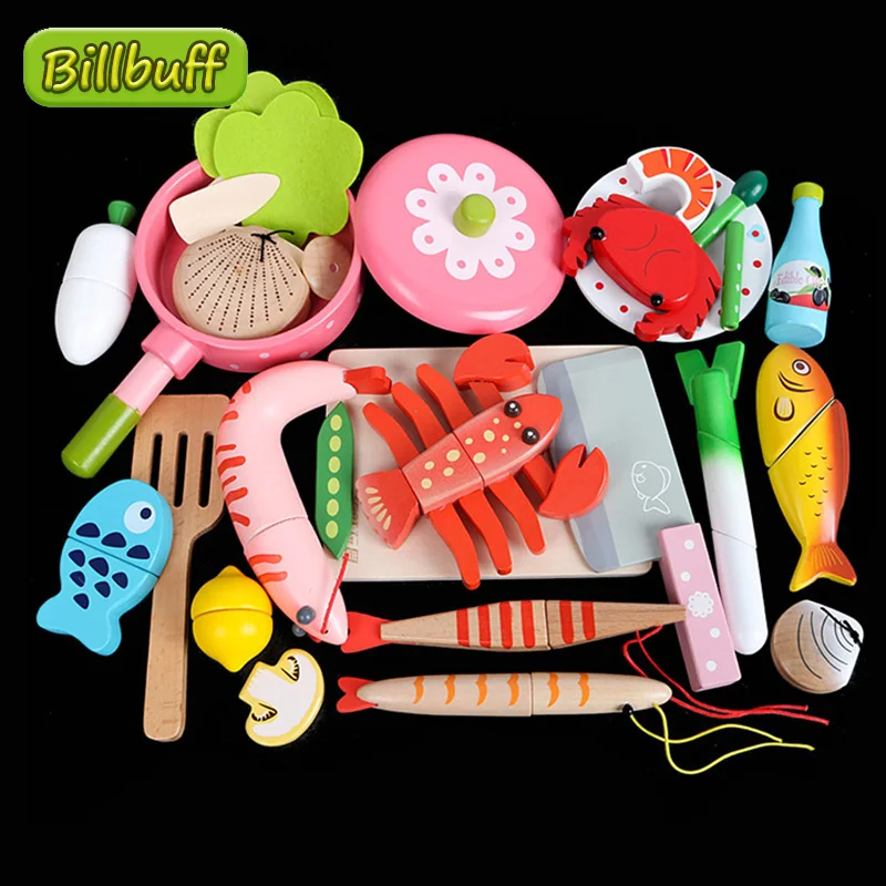 Montessori Simulation Woodens Magnetic Cutting Seafood Lobsters Crab Game Kitchen Model Early Educational Toys for Children Gift 2