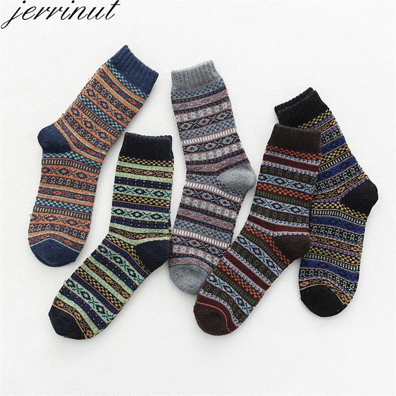 Jerrinut 5 пар теплые носки для зимы мужские полосатые повседневные деловое шерстяное хлопковые носки Happy Harajuku с принтом толстые нейлоновые носки