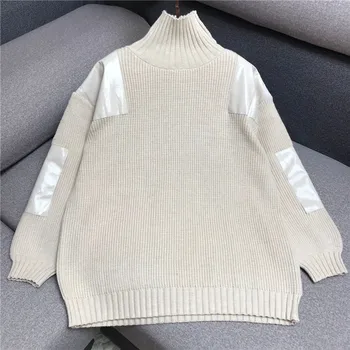 

Luxury Designer Brand Knitted Sweater for Women Causel High Collar Solid Spell Leather Knitted Pullover Sweater