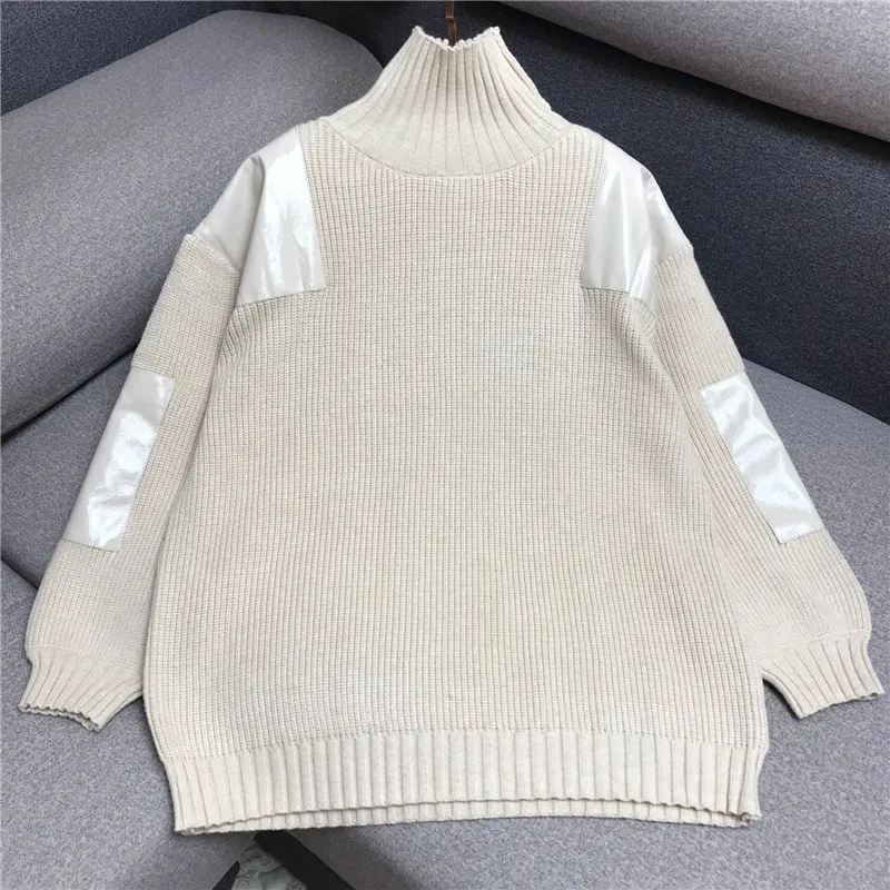 Best Price Luxury Designer Brand Knitted Sweater for Women Causel High Collar Solid Spell Leather Knitted Pullover Sweater Best Price Luxury Designer Brand Knitted Sweater for Women Causel High Collar Solid Spell Leather Knitted Pullover Sweater