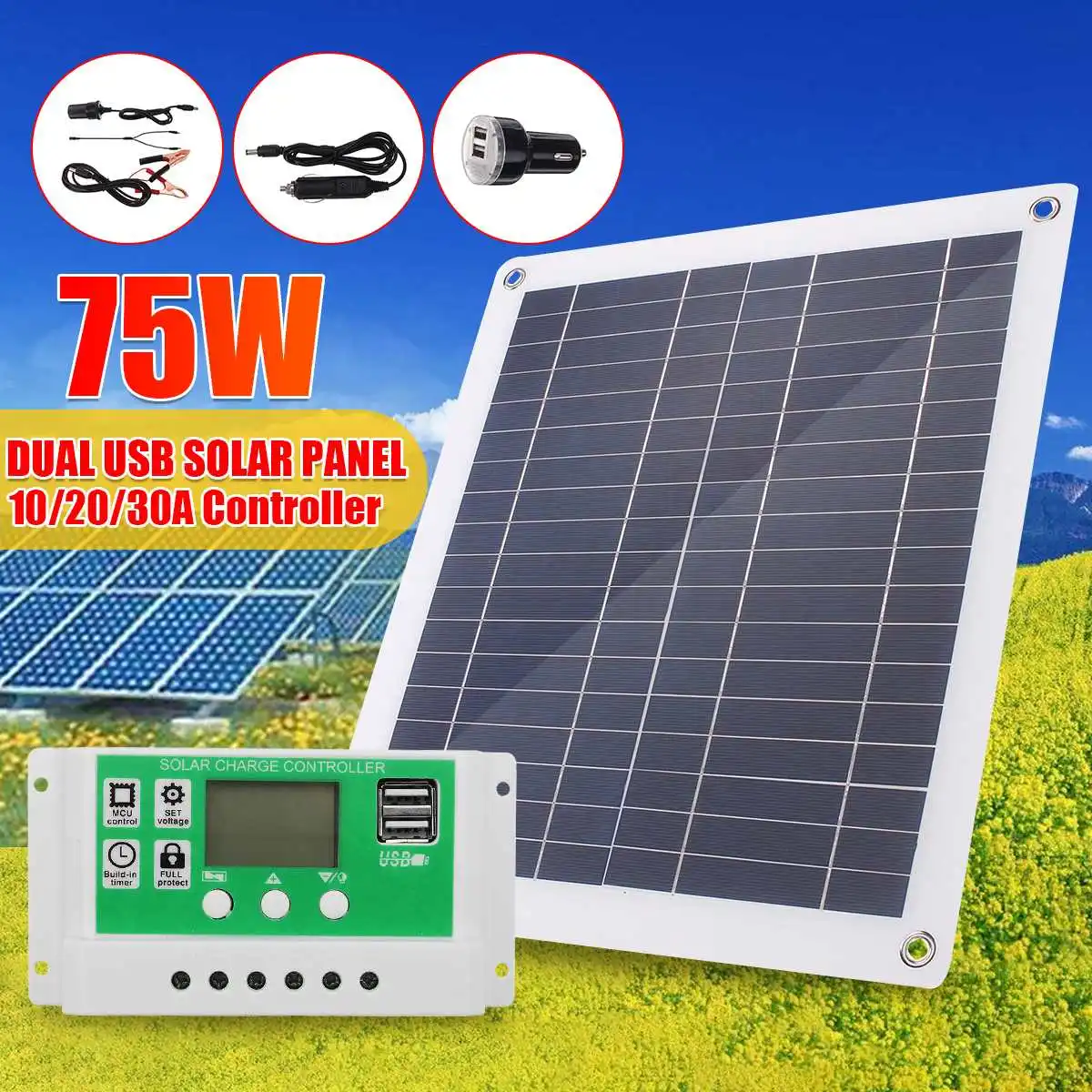 

30W/50W/60W/75W Solar Panel Dual USB Output Solar Cells Solar Panel 10/20/30A Controller for Car Yacht 12V Battery Boat Charger