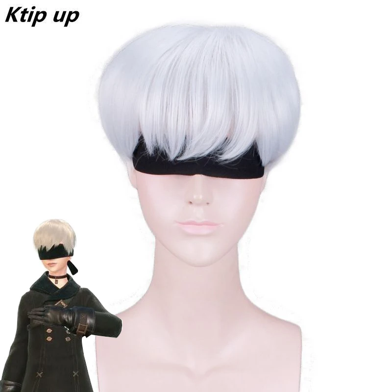 

Ktip Up NieR:Automata 9S YoRHa No.9 Model S Wistalia Short White Mixed Heat Resistant Cosplay Costume Wig + Free Black Ribbon