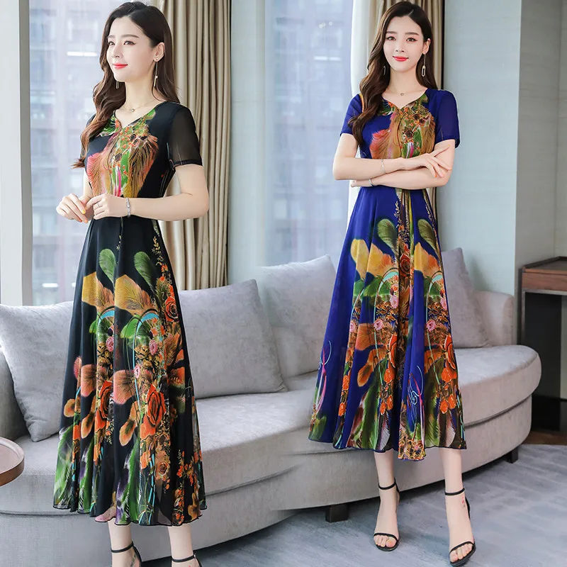 

2019 Summer Wear New Style Korean-style V-neck Waist Hugging Slimming Large Size Chiffon Dress Women's Long Short Sleeve A- line