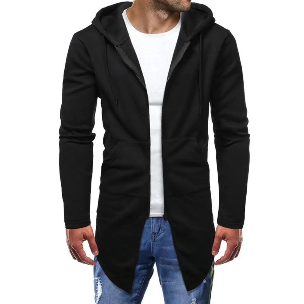

Long Sleeve Big Pockets Men Jacket Arc Hem Hooded Solid Color Sweatshirt Coat Male Clothing