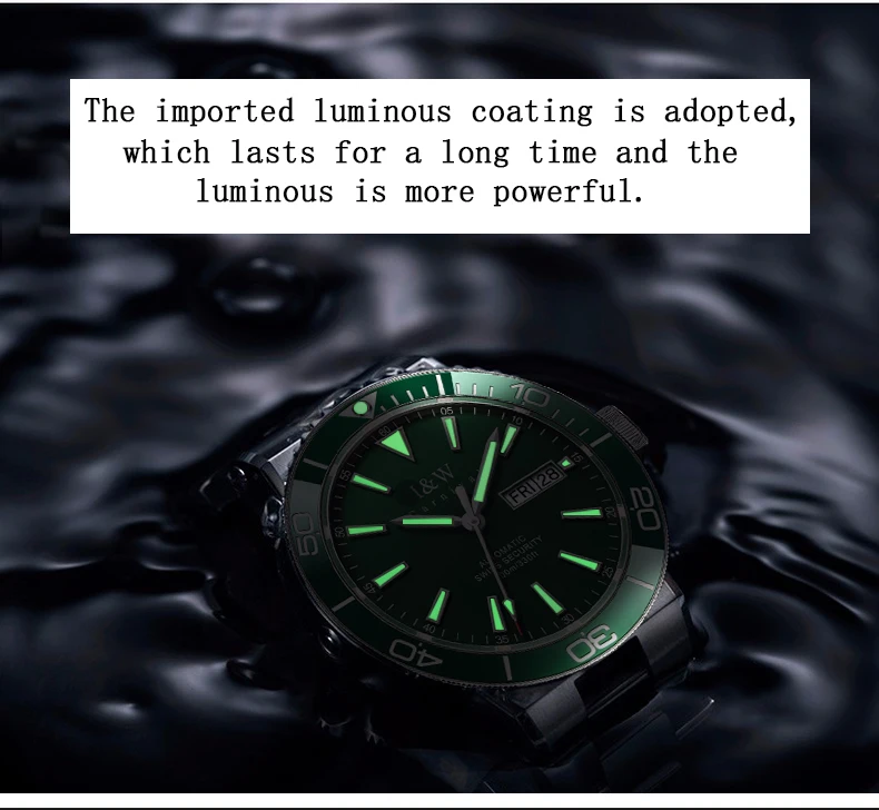 Switzerland Luxury Brand I&W Automatic Mechanical Watch Men 100m Waterproof Diver Sports Watches for Men Green Relogio Masculino