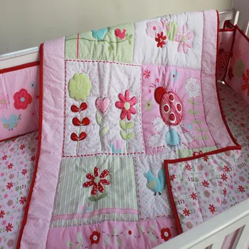 

Hot Sell Baby bedding set Embroidery Red Big Ladybug Flowers Pattern Crib bedding set 7Pcs Quilt/Bumper/Mattress Cover/Bed Skirt