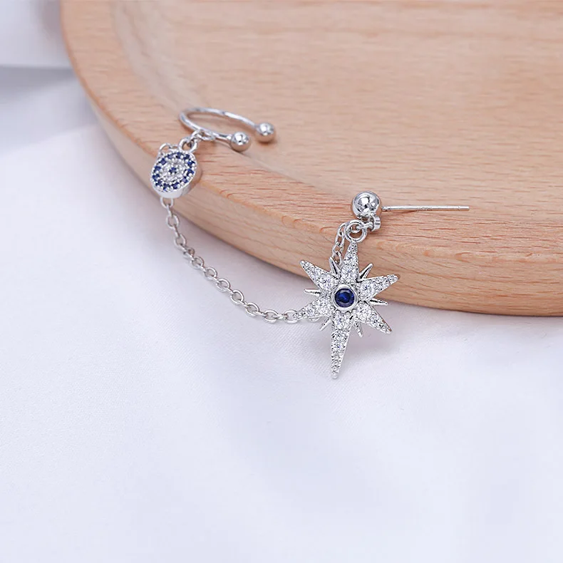 New Trend Cubic Zirconia Blue Eye And Star Asymmetric Earrings Luxury Brand Design Long Earrings For Women Fashion Jewelry