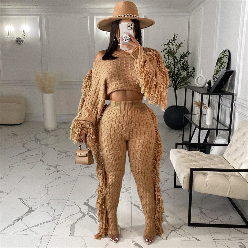 Ronikasha New Woman Tassel Sweater Two Piece Set Solid Long Sleeve Crop Top + Pants Fashion Autumn Winter Suits Tracksuit Outfit red jogging suit