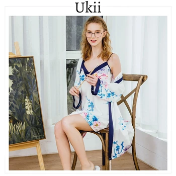 

Ukii Silk Print Sleepwear Set 2 Pieces Sexy Robe For Women Summer Thin V Neck Night Dress Long Sleeve Print Sexy Silk Robe
