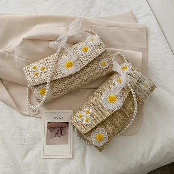 

Casual Woven Bags for Women 2020 Beach Straw Crossbody Shoulder Bag Daisy Lace Handbag Lady Bohemian Female Baguette Pearl Bag