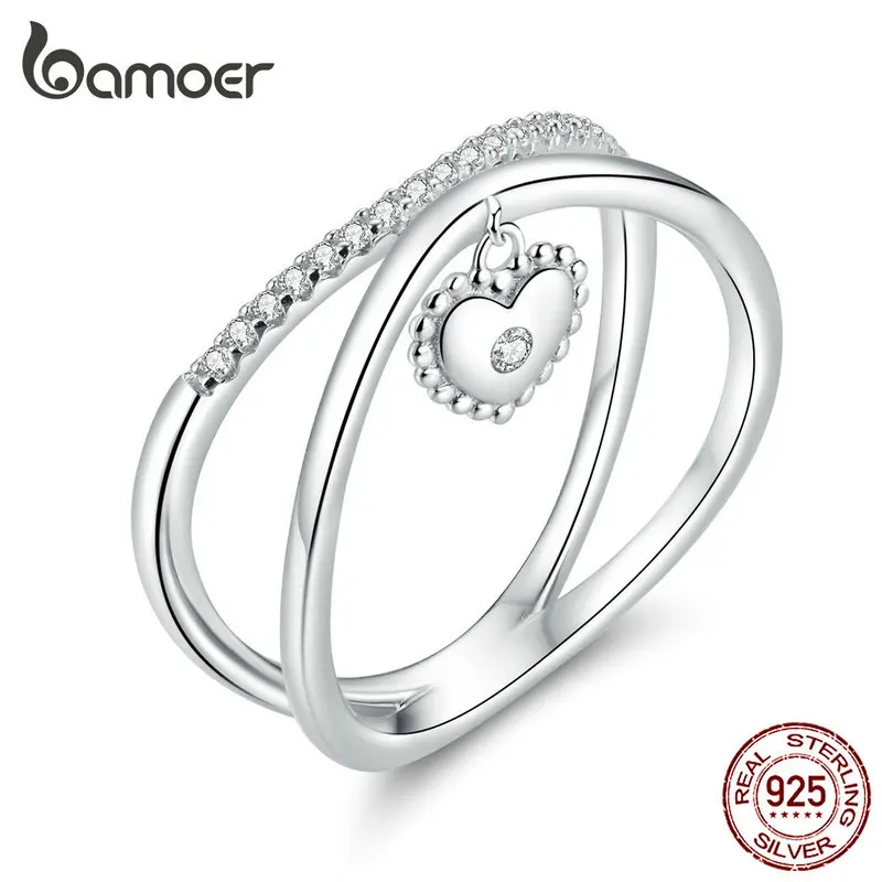 Bamoer подлинный 925 пробы серебряный крест сердце палец кольца для женщин Свадебное, на помолвку, заявление Роскошные ювелирные изделия SCR613