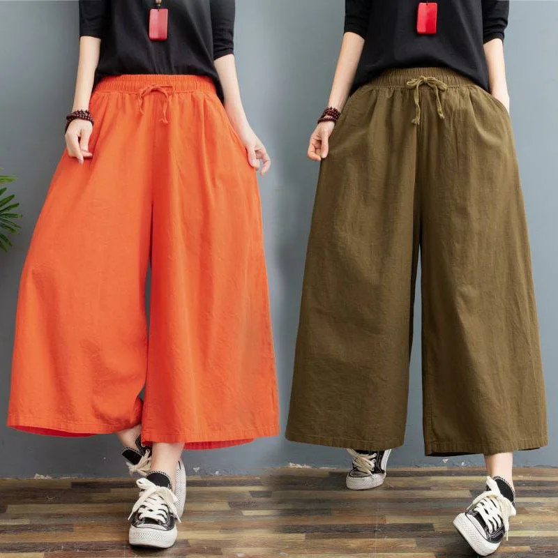 Pants Women Summer Trousers Cotton Linen High-Waist Calf-Length Wide Plus-Size Casual