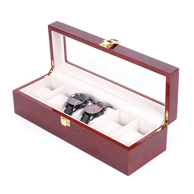 

6 Grids Wooden Watch Display Case Storage Box Winder Jewelry Collection F3MD