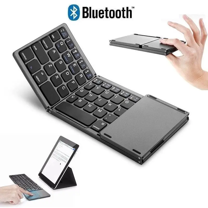 Портативный мини три складные Bluetooth клавиатура беспроводная Klavye тачпад