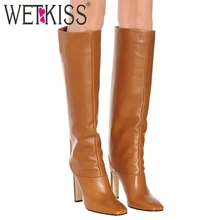 WETKISS/Сапоги до колена женские сапоги на высоком толстом каблуке обувь для вечеринок с квадратным носком женская модная обувь Дамская зимняя обувь размера плюс 35-48