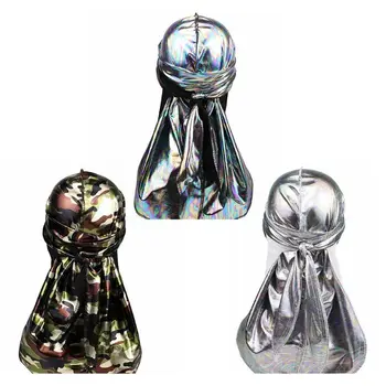 

Men Women Silky Satin Durags Hologram Glitter Camouflage Long Tail Head Wraps Hair Loss Turban Hat Bonnet Skull Pirate Cap