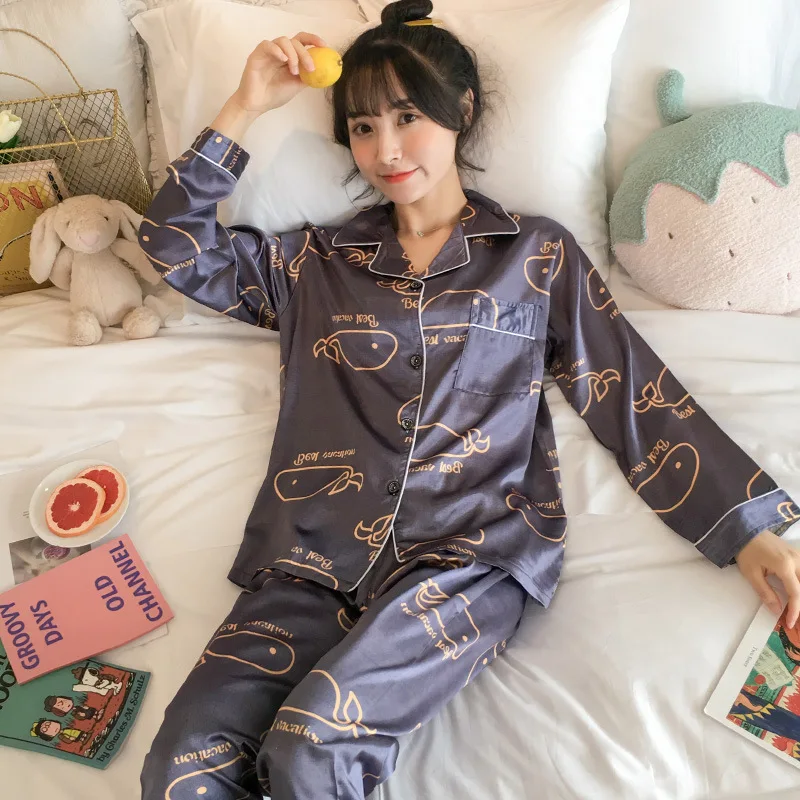 

Pajamas Women's Spring And Autumn Viscose Thin Cute Whale Long Sleeve Two-Piece Set Silk Students-Outer Wear Tracksuit