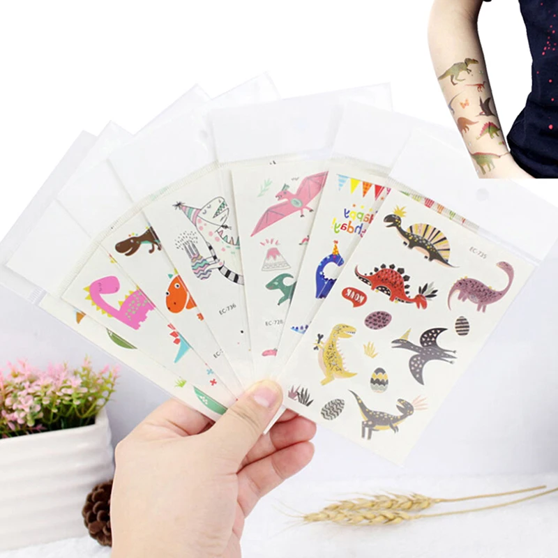 2Pcs Tattoo Sticker Cute Waterproof Fake Animal Dinosaur Temporary Tattoos Sticker Big Flower Nail Tips Body Tattoo Random