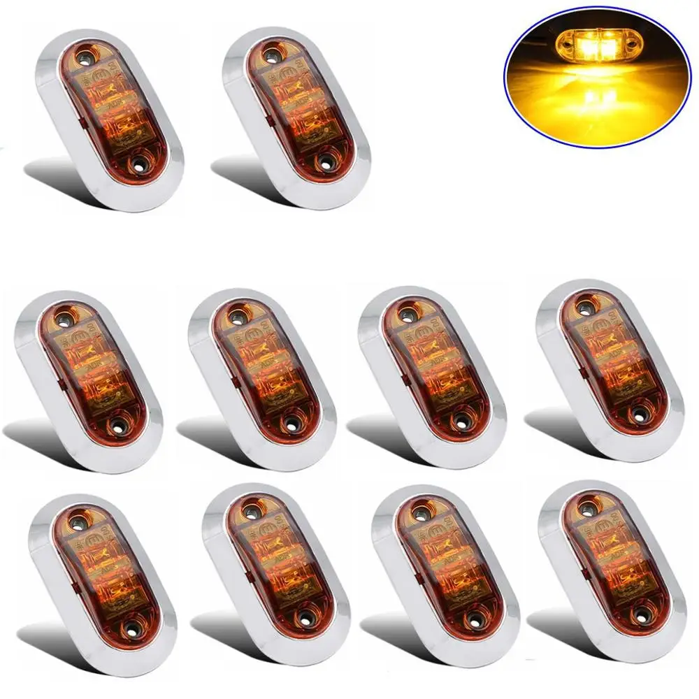 

Fuleem 10PCS Chrome Bezel Amber LED 2.5INCH 2 Diode Light Oval Clearance Trailer Truck LED Side Marker Lamp 12V 24V Waterproof