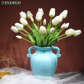 

INDIGO-White Tuilp (3 flowers+2 bud)Bouquet Real Touch Silicone Tulip High Quality Office Table Decoration Artificial Flower