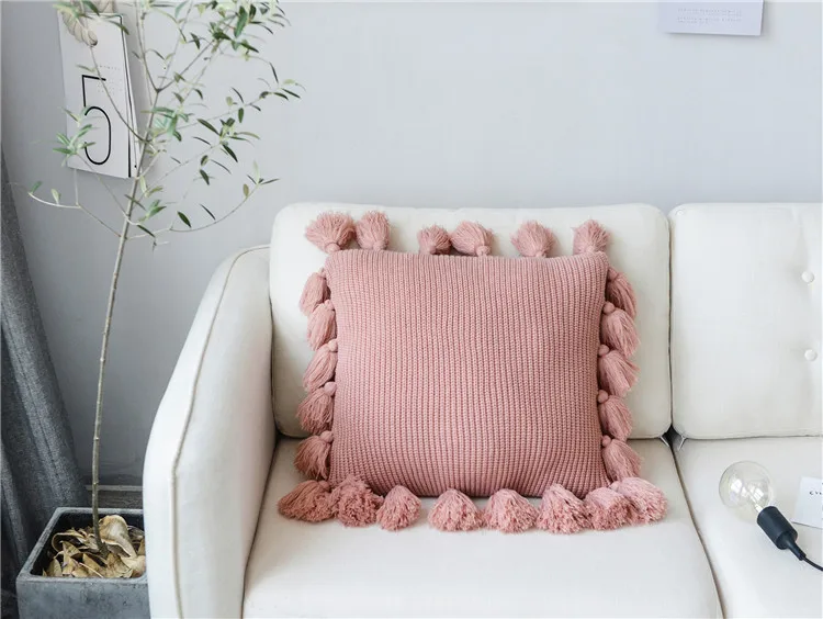 Вязаная наволочка ZENGIA с кисточками цвета слоновой кости, серого, розового, зеленого цветов, однотонный чехол для подушки для дивана, гостиной, декоративная наволочка для подушки