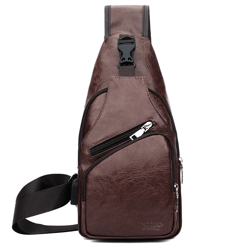 VICUNA POLO, кожаный повседневный комплект, серия, зарядка через usb, мужская сумка-мессенджер с кошельком, винтажная, с отверстием для наушников, противоугонная нагрудная сумка - Цвет: BROWN