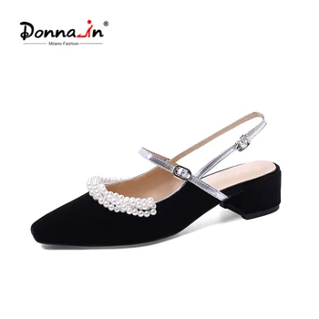 

Donna-in Genuine Leather Women Sandals 2020 With Heels String Bead Square Closed Toe Womens Summer Shoes Velvet Elegant Ladies