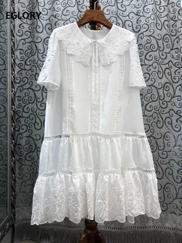 

Top Quality New 2020 Summer Dress Women Peter Pan Collar Hollow Out Embroidery Short Sleeve Straight Silk Cotton Dress Sweet