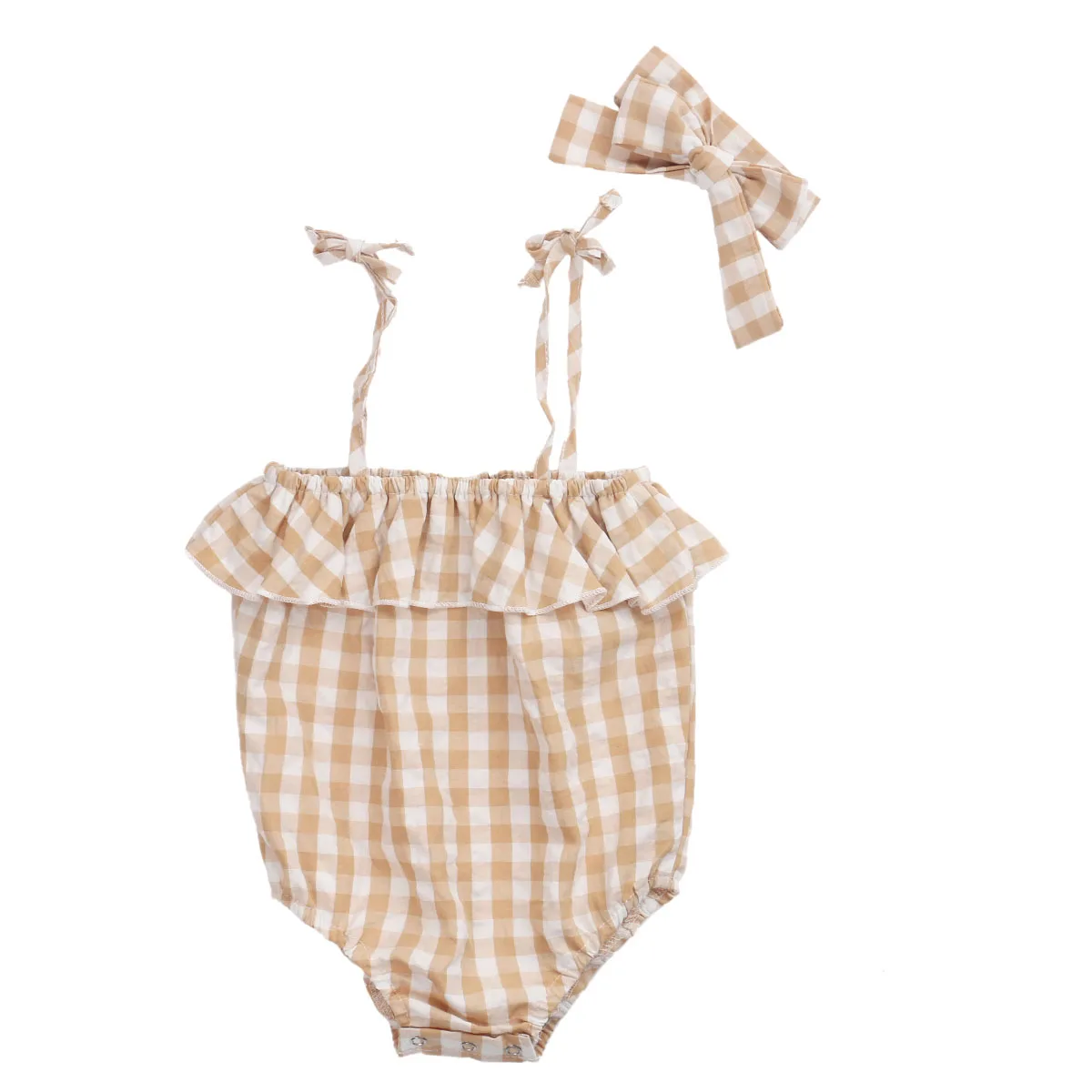 Baby Girls Romper Sleeveless Plaid Pattern Sling Straps Lotus Leaf Design Button Closure Jumpsuit with Bow Hair Band carters baby bodysuits	 Baby Rompers