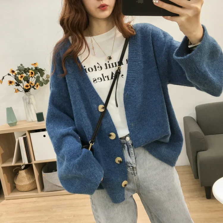 blue Кардиганы свитер женский с v-образным вырезом slim fit женские зимние вязаные Джемперы корейская одежда женская осенняя одежда - Цвет: blue