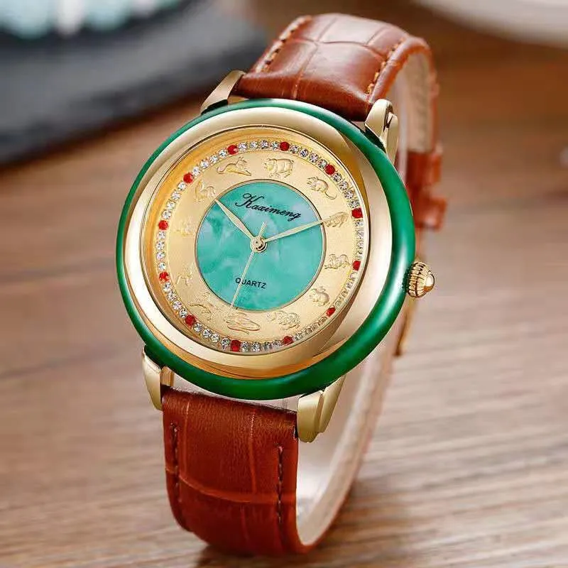 Waterproof Watch Jade Top-Brand Gold Quartz Zodiac Stainless-Steel Inlaid