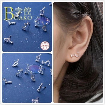 

925 Sterling Silver Earrings For Women Horoscope Stud Earrings Zodiac 12 Constellation Zircon Earring Girl Gift Party aretes B5