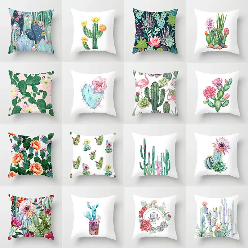 1PC Cactus Floral Print Cushion Cover Polyester Pillow Cases Throw Pillows Sofa Home Decor Pillowcase Decorative Pillow Covers